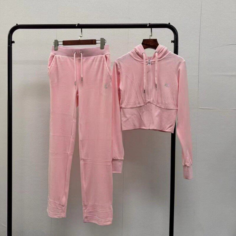 thumbnail for Ju Cut Label, Small Rhinestones in the Front, Large Rhinestones in the Back, Spring and Autumn Velvet Pink Sports Casual Suit, Skin-Friendly and Soft 1022