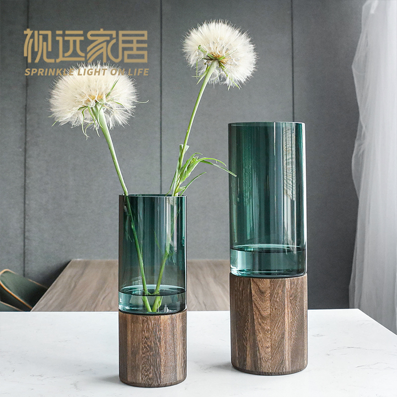 新中式高档原木花瓶玻璃透明水养摆件客厅插花轻奢芍药落地马醉木
