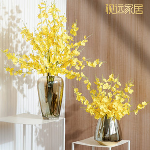 饰品插花摆件 轻奢现代餐桌玻璃花瓶客厅高级感电镀水光镜面金属装