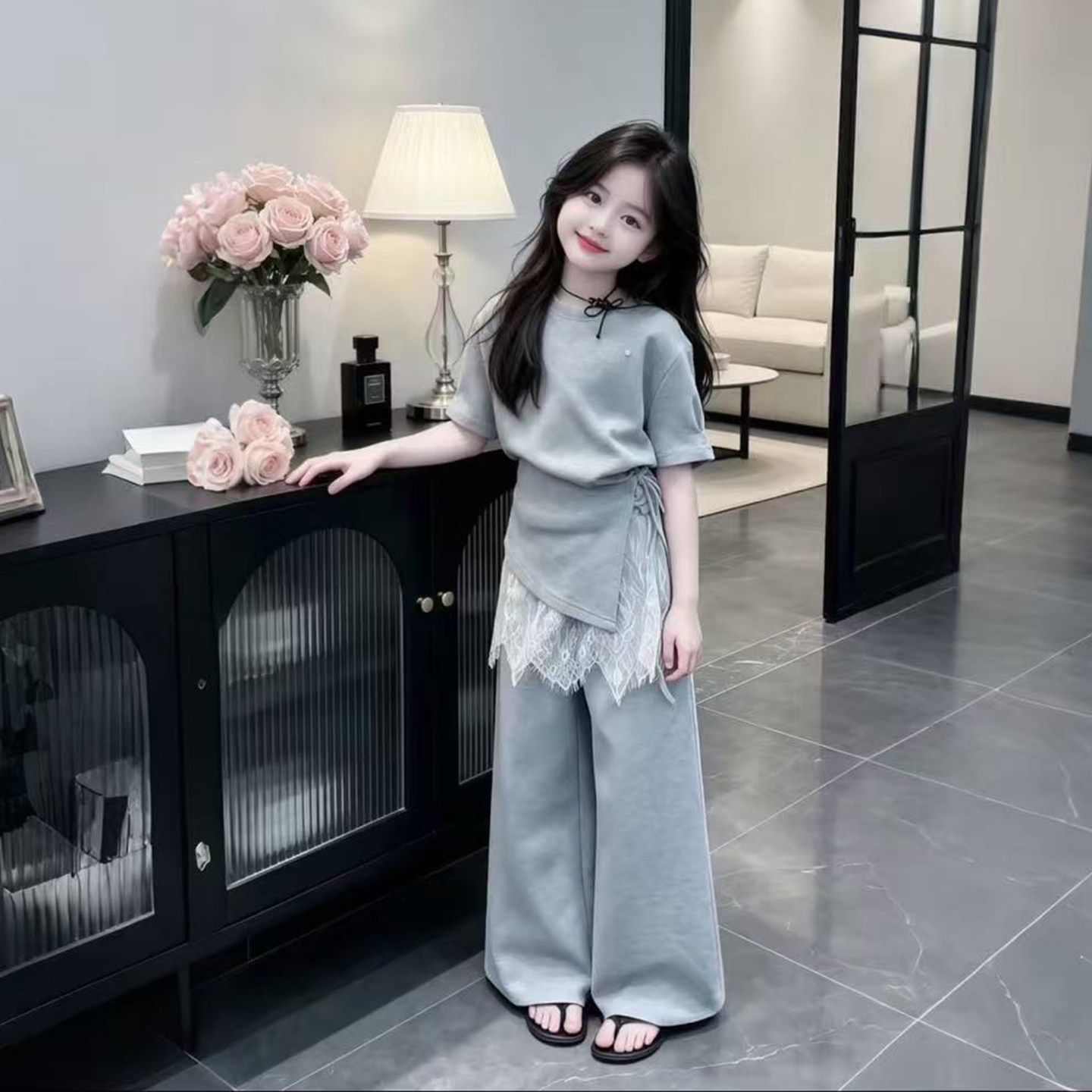 女童夏季新款套装T恤上衣长裤短袖裤子学院蕾丝花边女孩洋气潮款