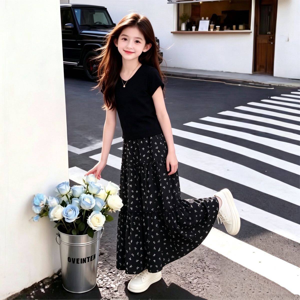 女童夏季套装上衣裙子碎花A字半身裙休闲时髦显瘦公主一整套韩系