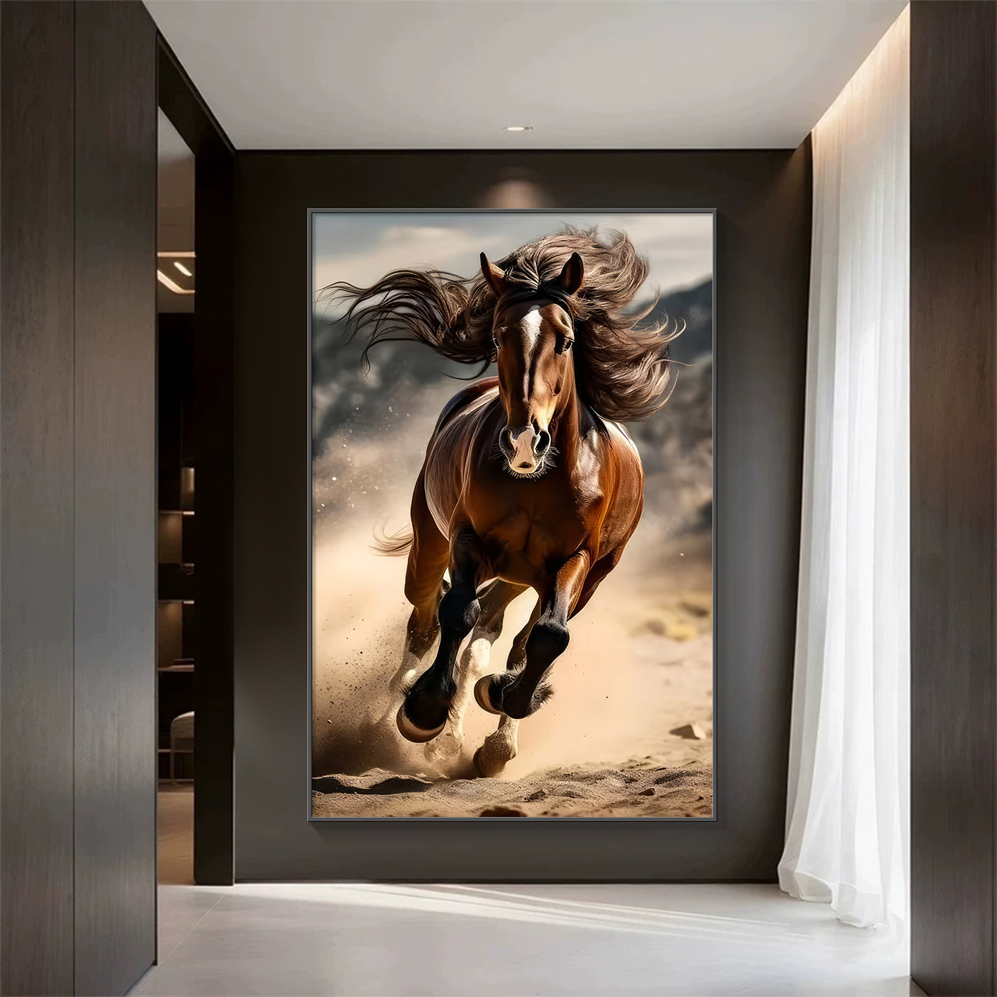 高级感骏马玄关装饰画马到成功砂岩画客厅走廊过道尽头挂画落地画