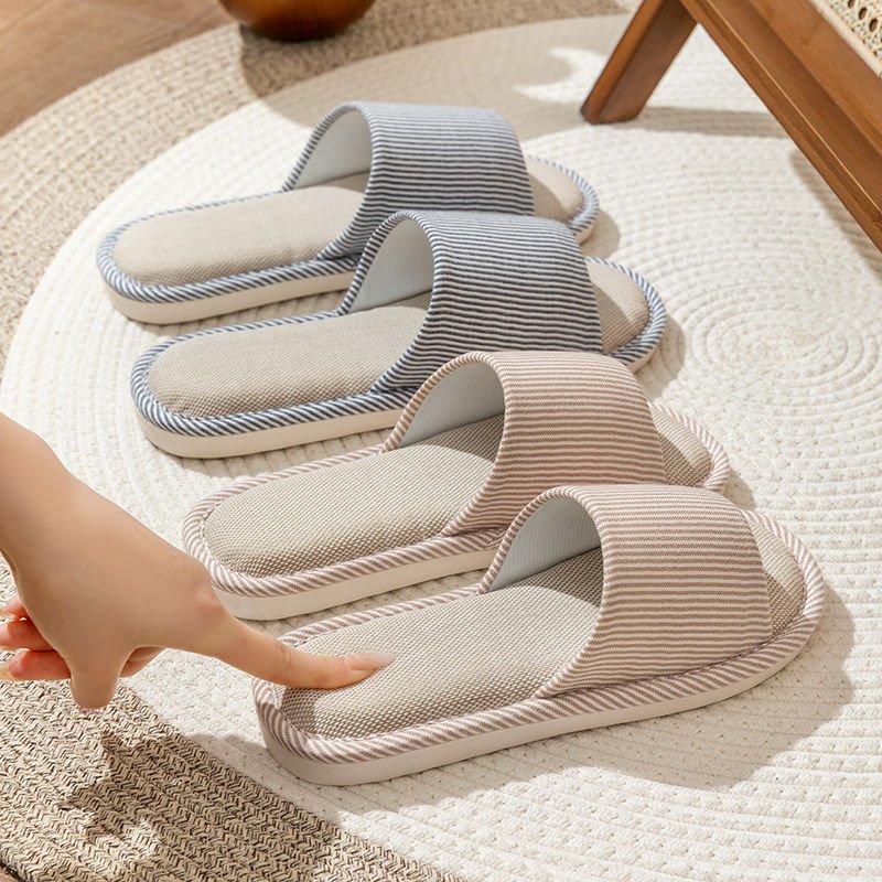 进口四季亚麻男女春秋家居拖鞋室内家用地板防滑情侣条纹亚麻拖鞋