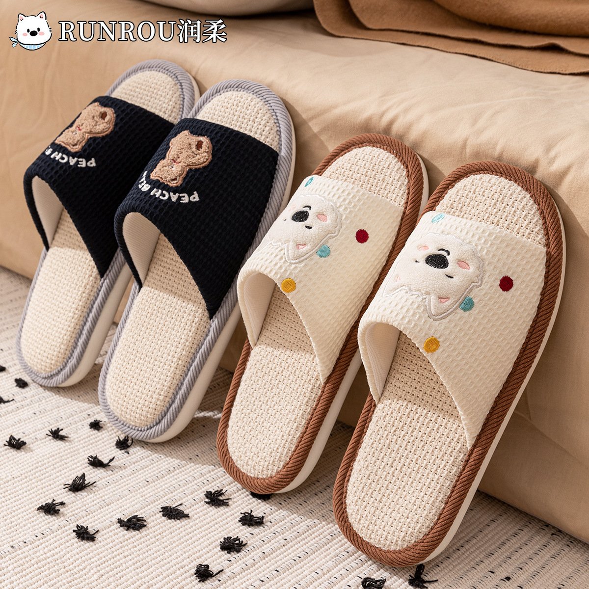 进口亚麻拖鞋女春夏2025爆款卡通家居吸汗静音室内透气棉麻拖鞋男