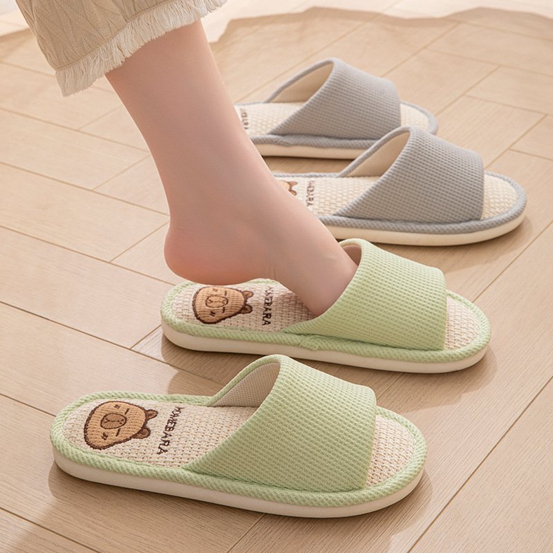 进口透气亚麻拖鞋女春夏防滑吸汗居家透气室内软底地板凉拖鞋男士
