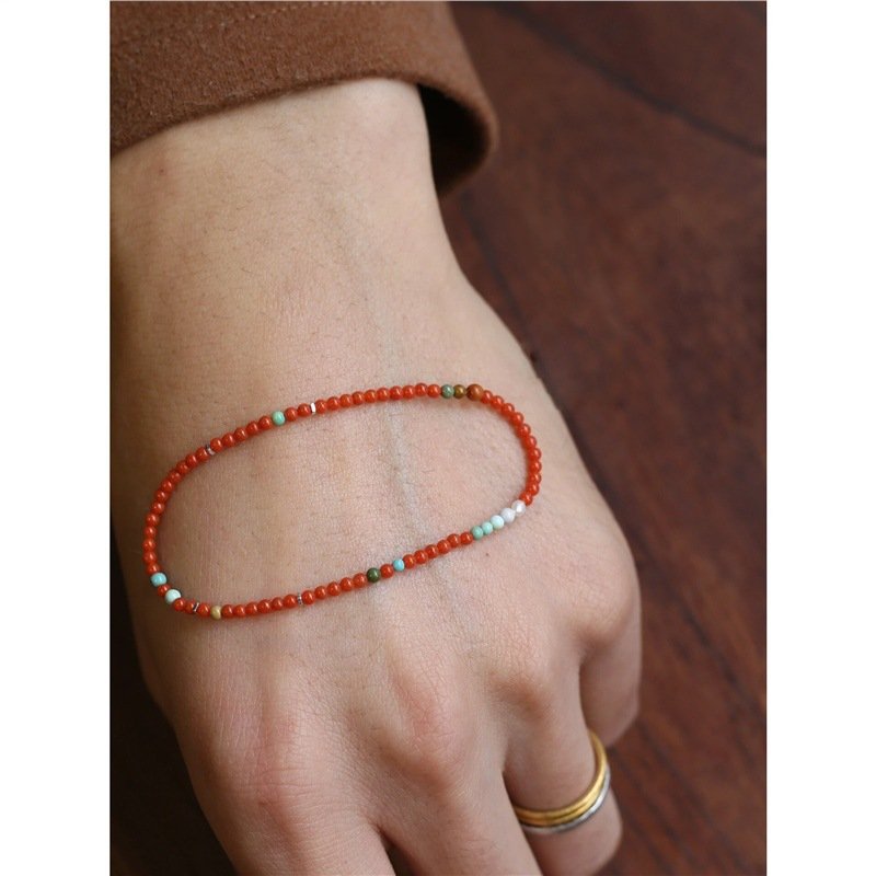 进口原创南红级细小米珠2mm手串多宝绿松石银柿子红国风叠戴女