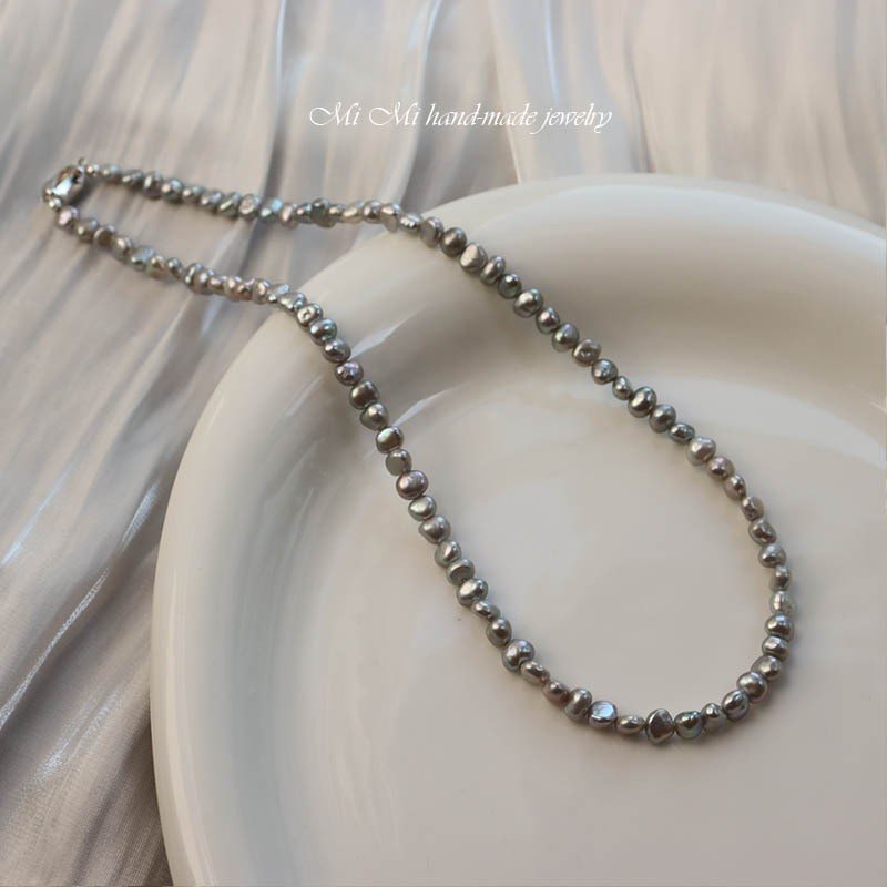 进口天然珍珠稀有真多麻灰色强光天然奶奶灰巴洛克珍珠项链锁骨链