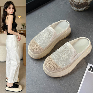 2026夏季新款厚底渔夫半托鞋女蕾丝透气网面懒人一脚蹬小香风单鞋