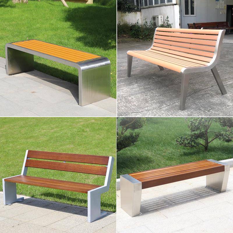 户外不锈钢公园椅子庭院休闲坐凳花园靠背座椅防腐木长椅实木长凳