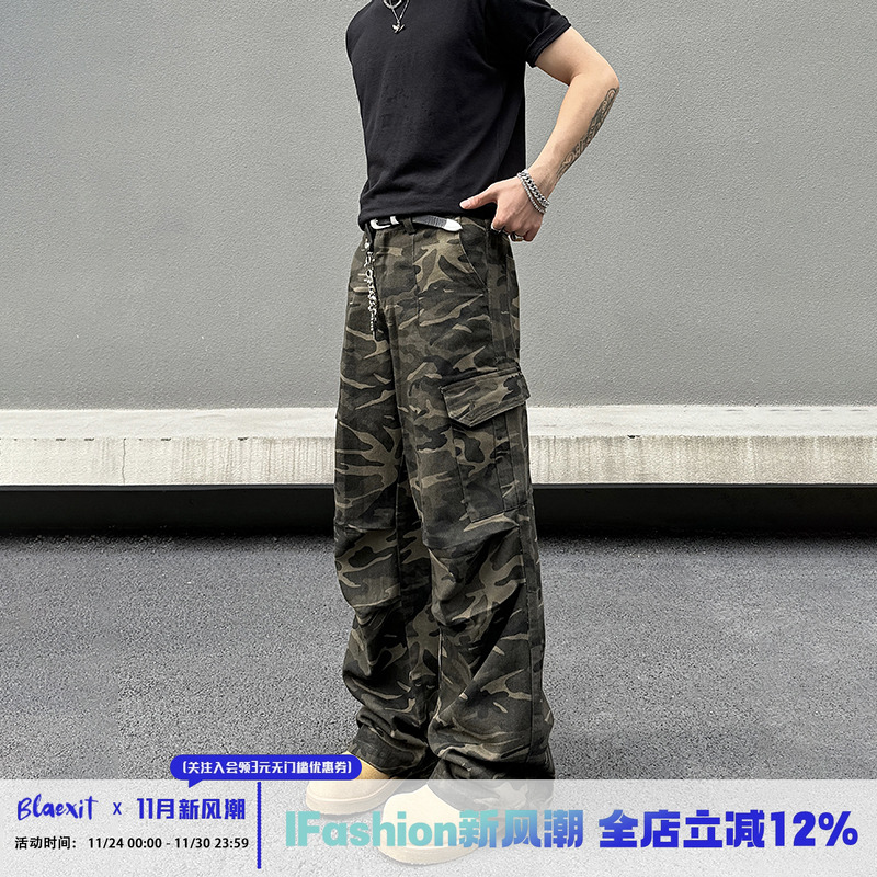 蒋劲夫同款设计感迷彩工装裤子