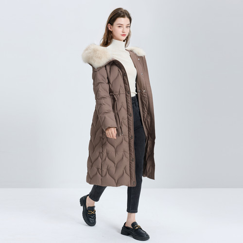 丽雪leisure2025冬季新款90白鸭绒长款羽绒服大毛领外套女