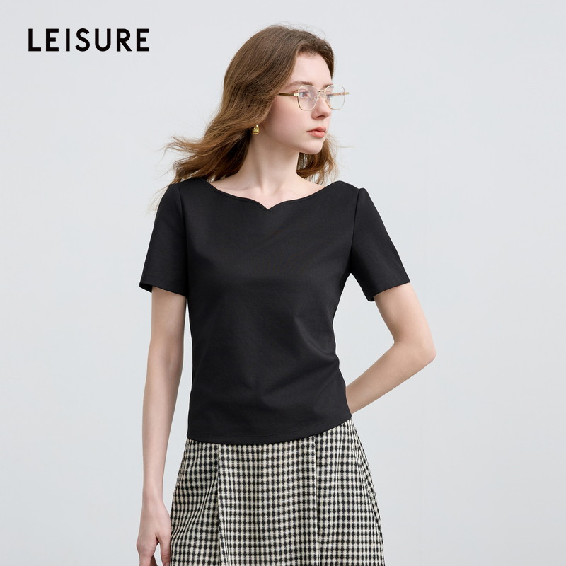 丽雪leisure2025夏季新款V领正肩短袖T恤直筒短款套头衫女