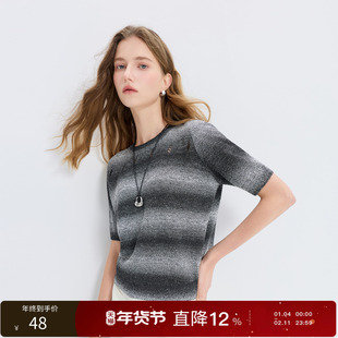 三彩丽雪leisure2025秋季新款晕染条纹针织衫圆领休闲短袖套头衫