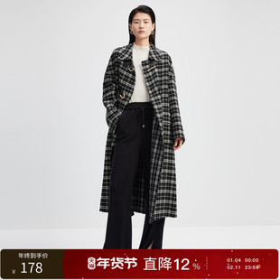 千鸟格子丽雪LEISUREH廓形羊毛呢大衣女长款高级感2025新款方领