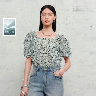 丽雪leisure2026夏季新款法式碎花小衫方领短袖套头女