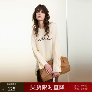 丽雪leisure2025秋季新款织带绣圆领落肩袖宽松针织衫毛衫女