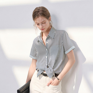 三彩丽雪leisure2026夏季新款气质翻领短袖条纹衬衫衬衣通勤女