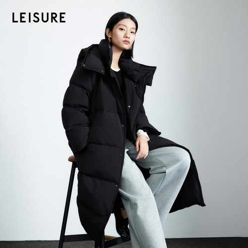 云朵羽绒丽雪LEISURE90%白鹅绒过膝加厚2024冬季连帽羽绒服外套女