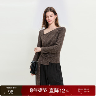 丽雪leisure2026春季新款设计感斜领T恤褶皱不规则上衣长袖女