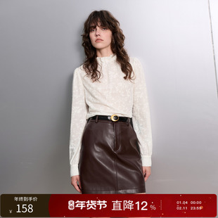 三彩丽雪leisure25秋新款复古提花蕾丝衫褶皱立领打底衫上衣女