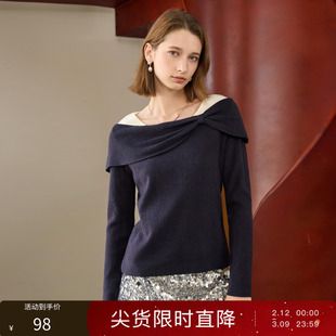 丽雪leisure2025冬季新款蝴蝶结一字领针织衫长袖毛衫简约