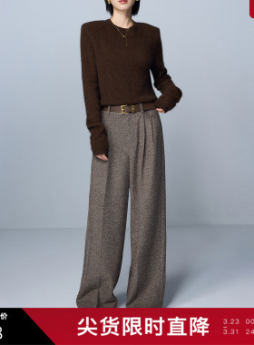 三彩丽雪leisure25冬新款休闲裤复古人字纹阔腿裤宽松垂感长裤女