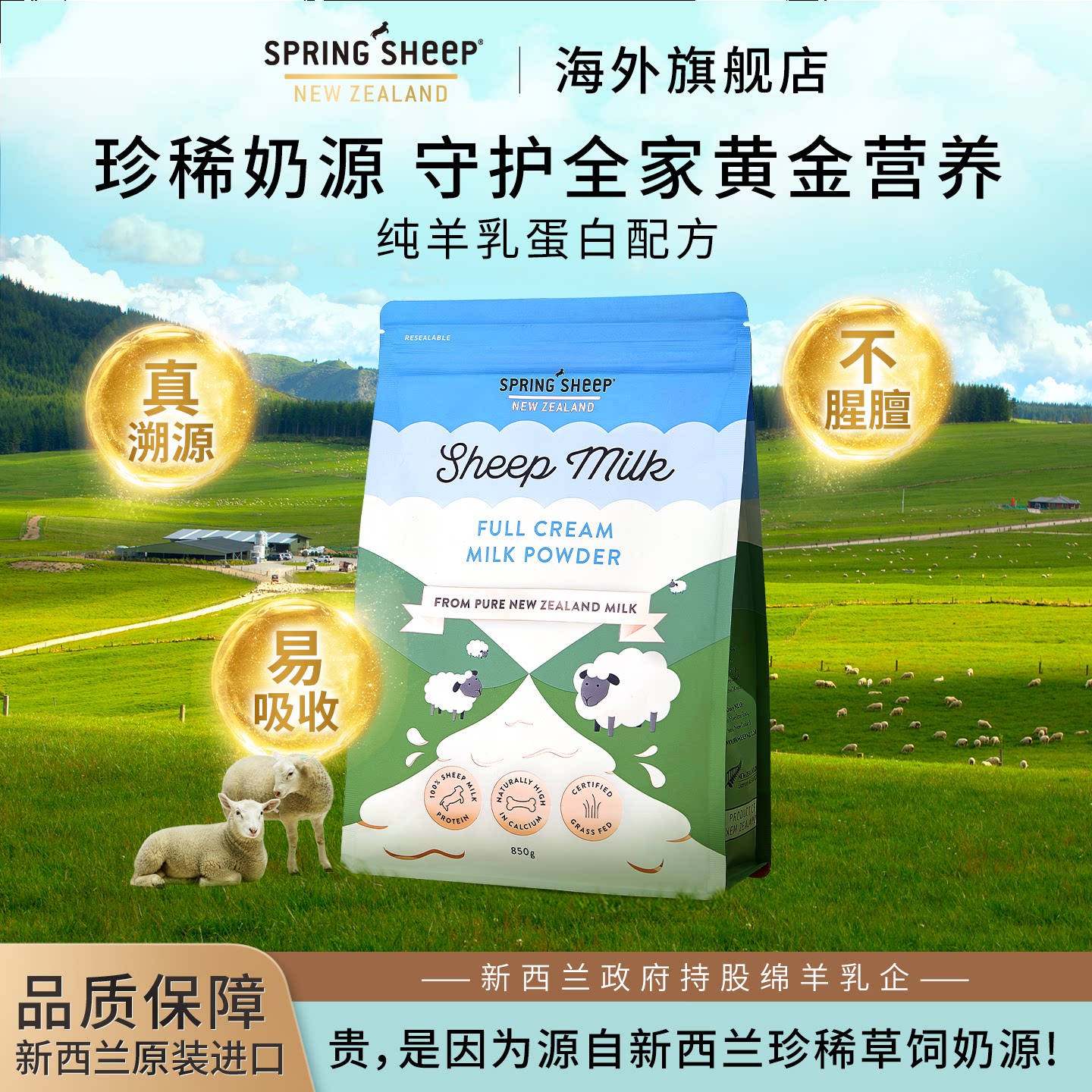 SpringSheep新西兰原装进口850g成人春绵羊奶粉全脂高钙铁蛋白