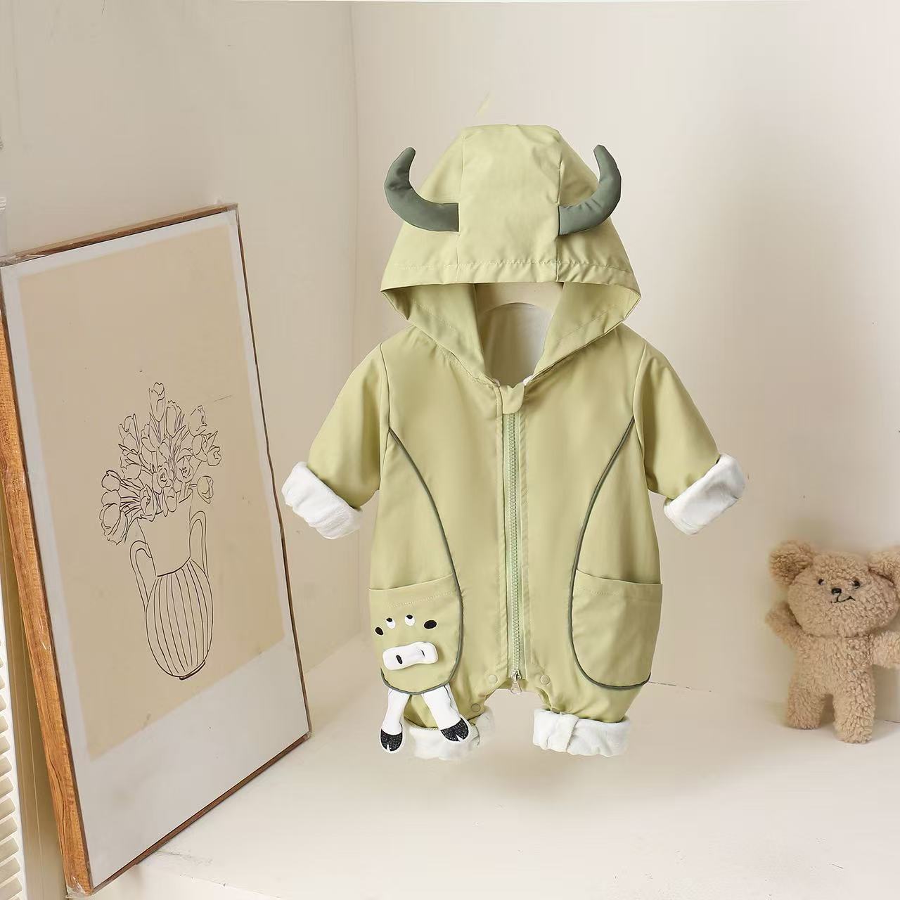 婴幼儿春秋冬新款超萌加绒连体衣卡通牛角可爱哈衣爬服宝宝外出服