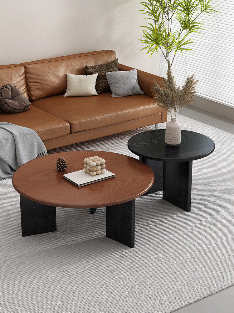 圆形纯实木茶几小户型家用客厅民宿现代北欧简约黑色橡木圆桌边几