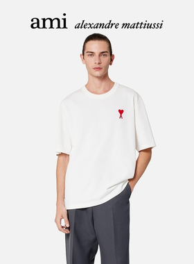 Ami Paris男女同款经典款红色爱心刺绣休闲棉质宽松圆领短袖T恤