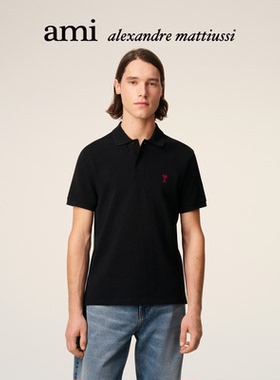 【经典爱心】Ami Paris男女同款红色爱心刺绣棉质合身短袖POLO衫