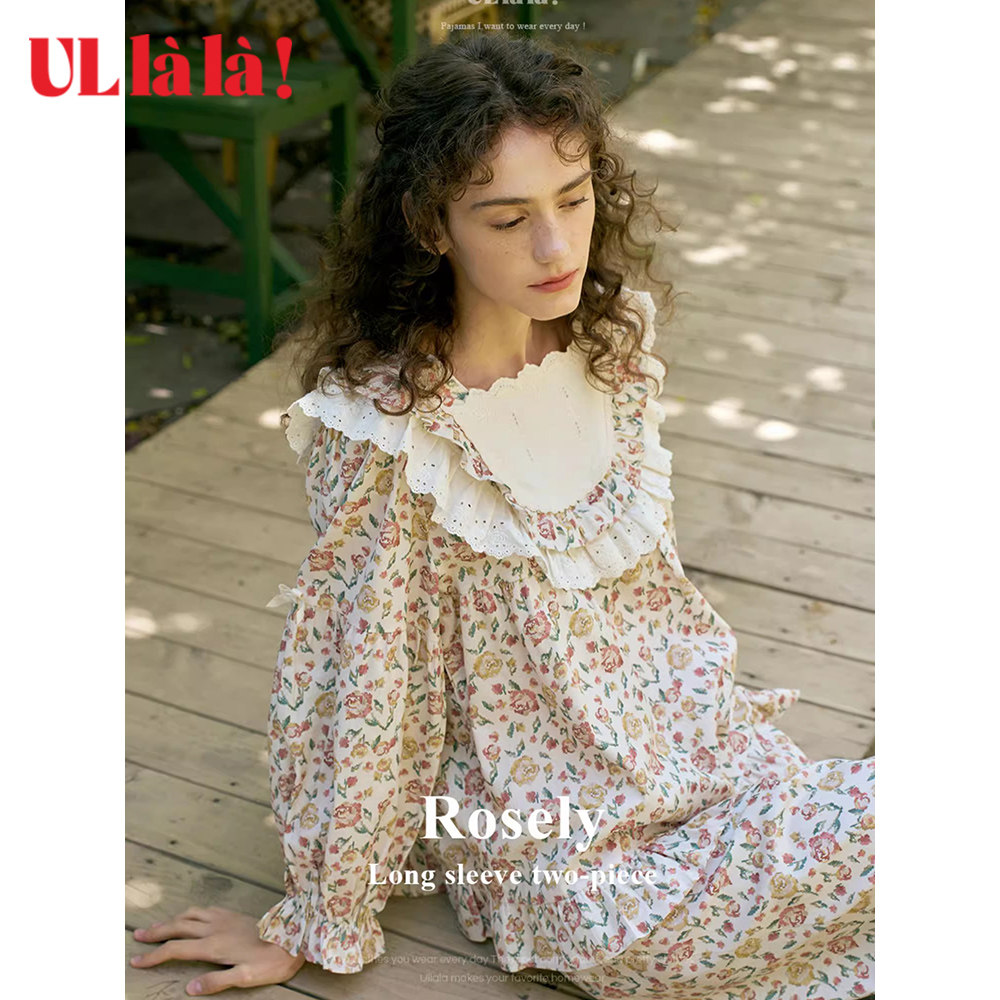 ULLALA女纯棉印花方领家居服套装