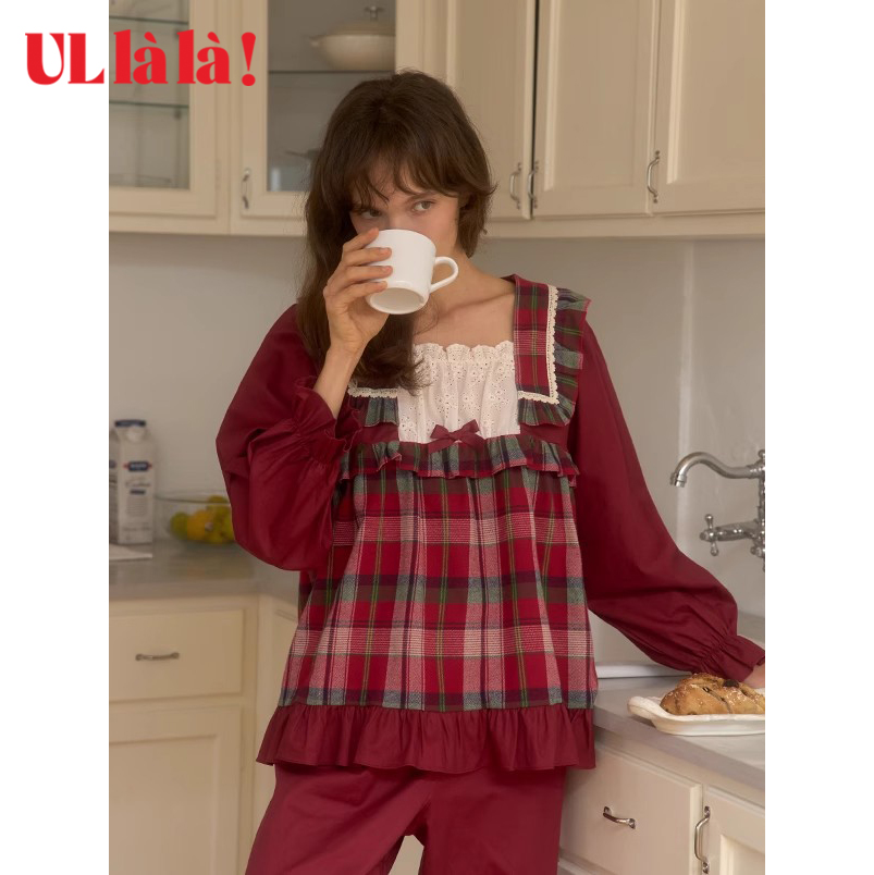 韩国秋冬休闲方领家居服睡衣格子