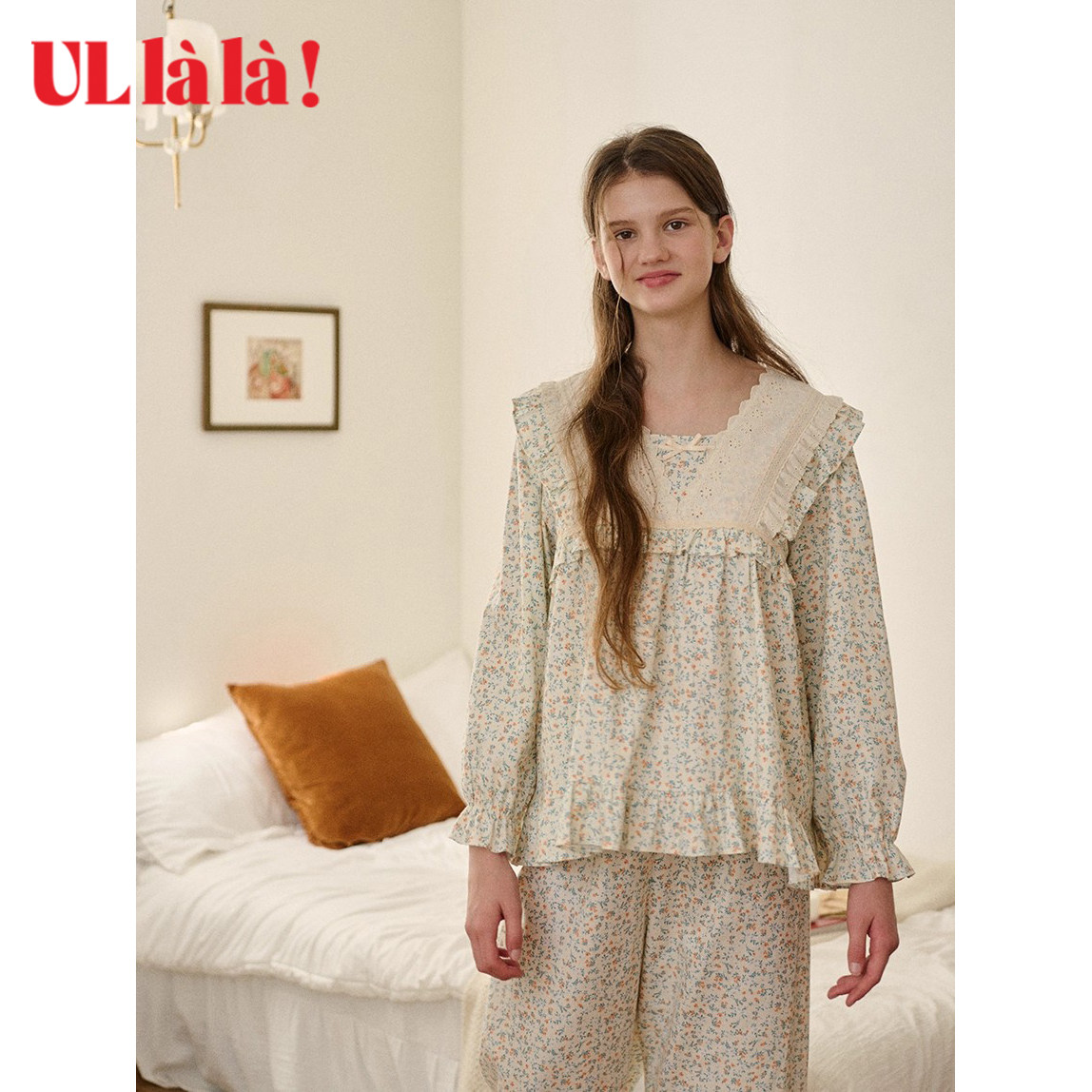 Ullala轻磨毛甜美文艺风纯棉碎花睡衣女款长袖长裤家居服套装减龄