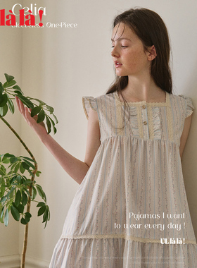 Ullala韩国进口家居服睡裙蓝色碎花甜美方领宽肩带纯棉中长款睡裙