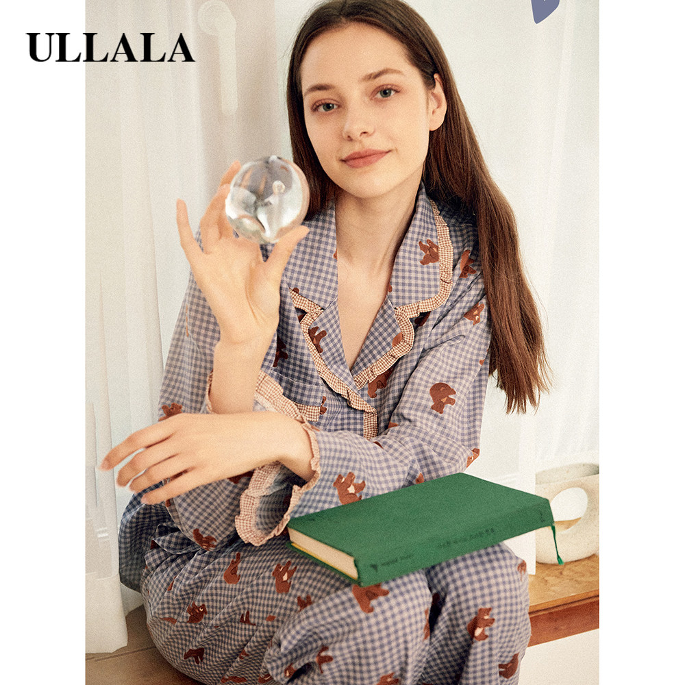ULLALA乌拉拉韩国睡衣睡裤女家居服翻领小熊可爱居家口袋荷叶边秋