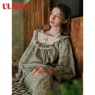 家居服套装 长裤 印花 纯棉复古长袖 Ullala乌拉拉韩国进口睡衣女秋季