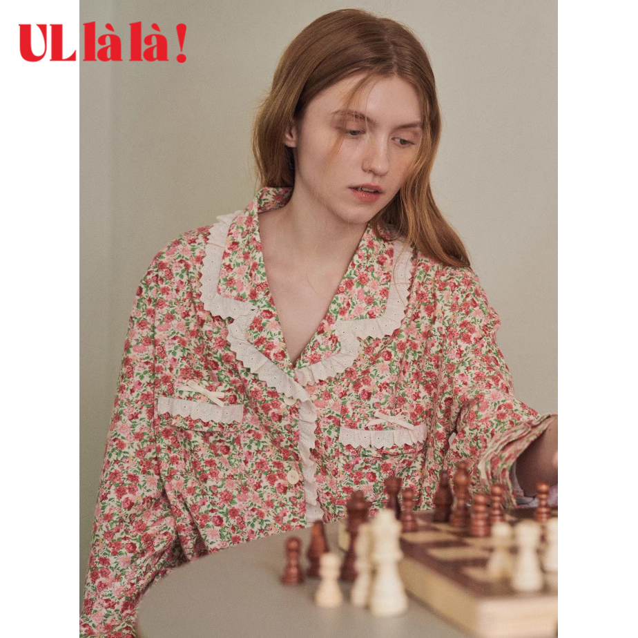 Ullala乌拉拉韩国进口睡衣女秋季长袖长裤纯棉纯棉套装休闲家居服