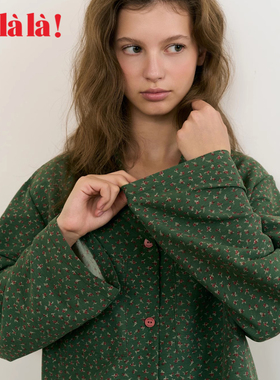 Ullala韩国进口休闲慵懒风碎花春秋睡衣女复古绿色家居服大码套装