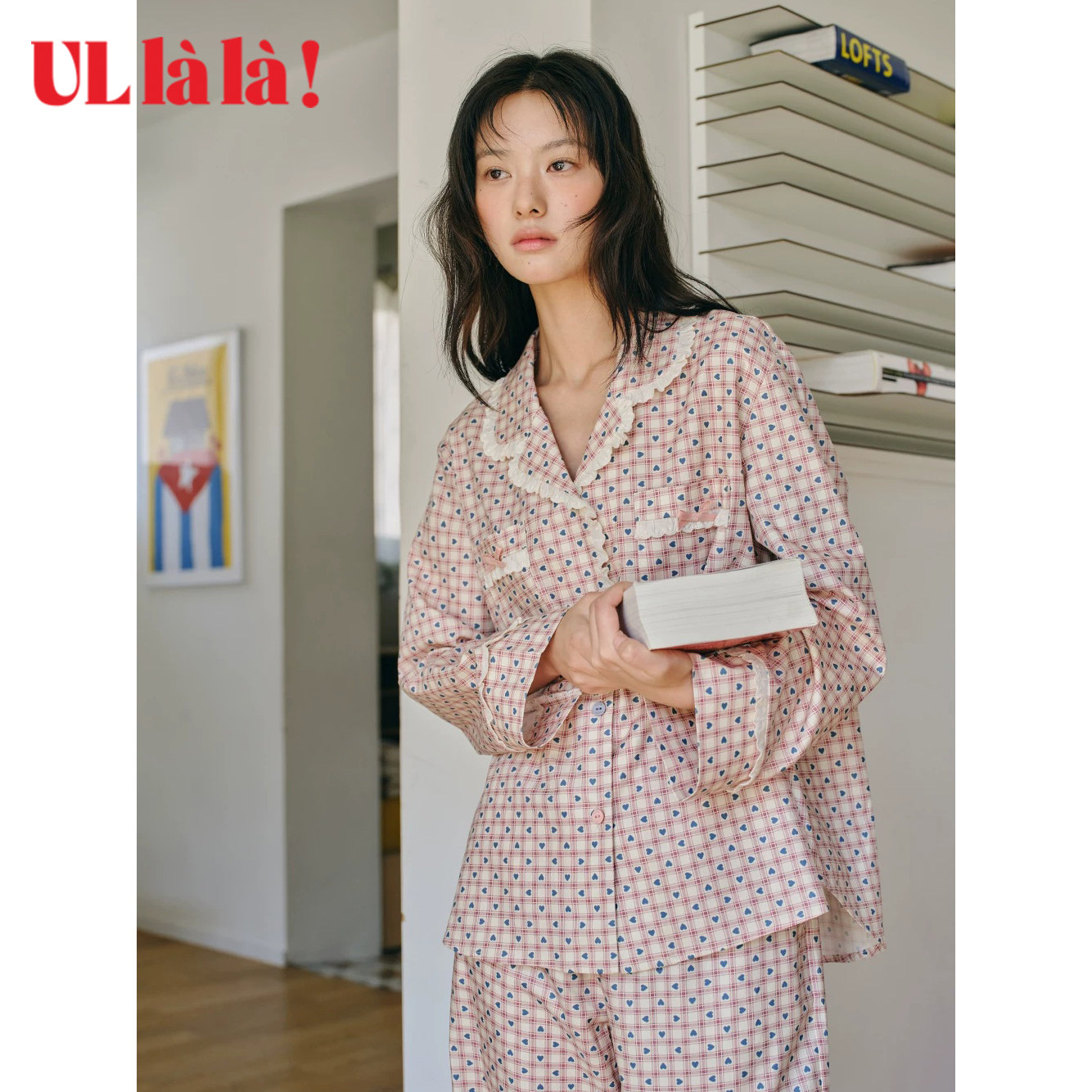 Ullala纯棉格纹爱心家居服套装女图片