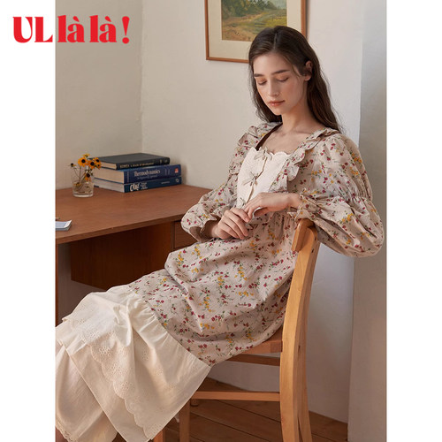 Ullala纯棉春秋甜美荷叶边睡裙