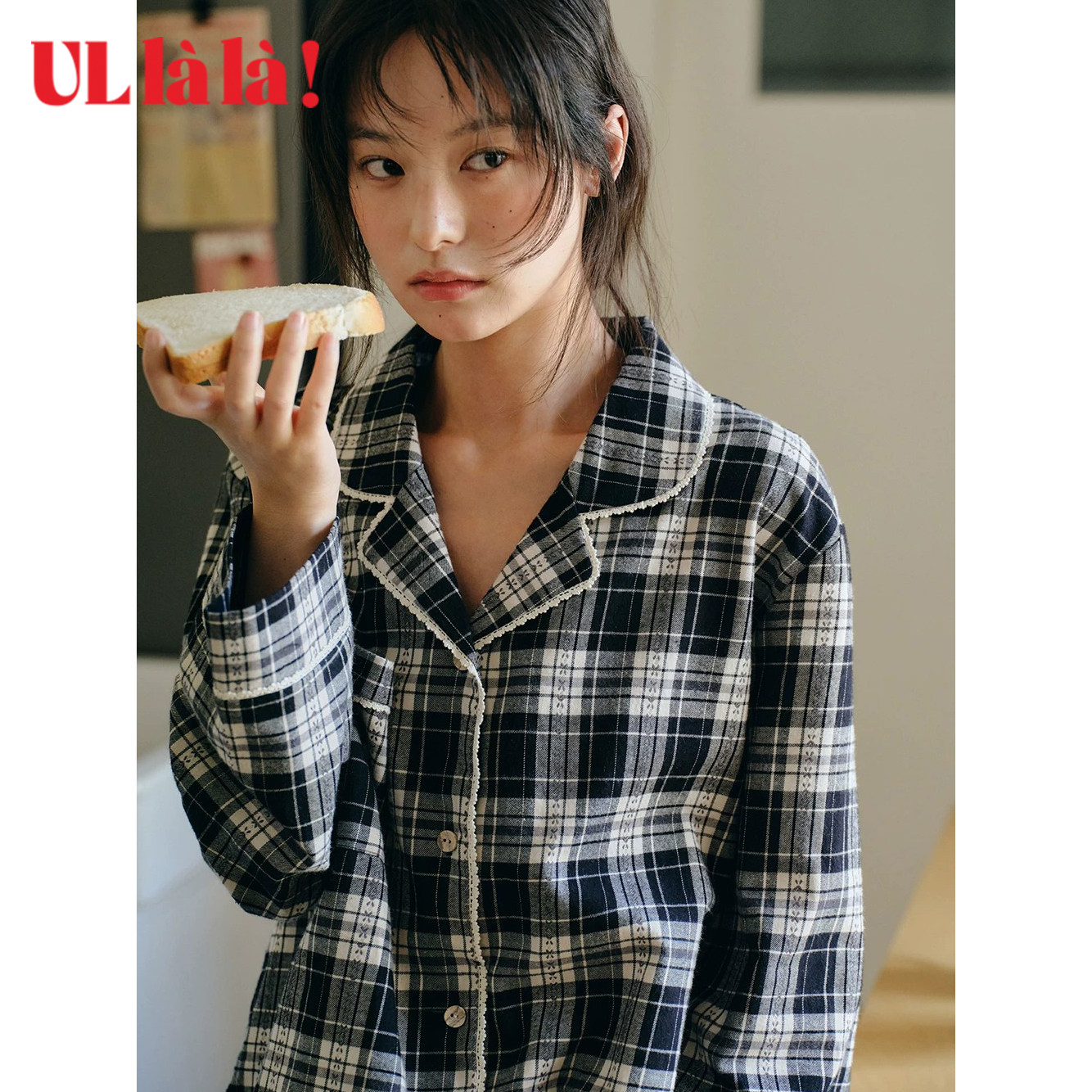 Ullala韩国进口甜美风黑白格睡衣女秋冬翻领家居服纯棉轻磨毛套装