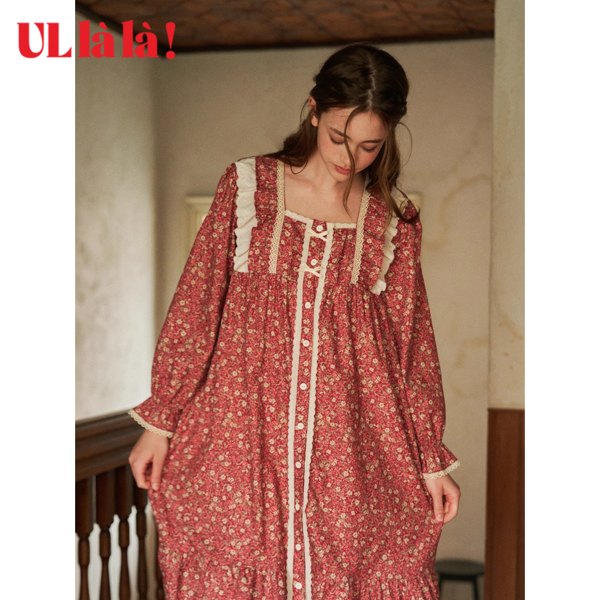 Ullala乌拉拉进口睡裙女秋冬纯棉家居服甜美碎花复古长裙连体睡衣