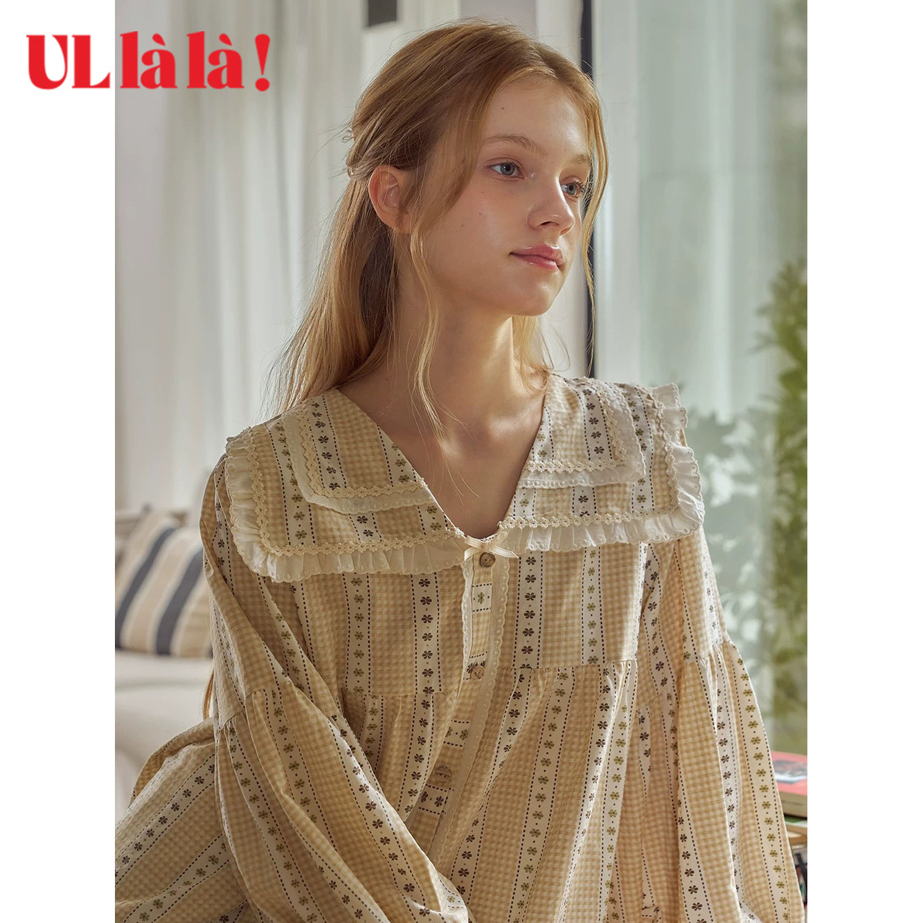 Ullala韩国乌拉拉秋冬慵懒风格子印花睡衣套装女家居服舒适套装薄