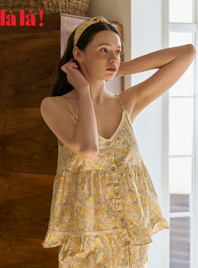 Ullala韩国进口家居服睡衣套装带胸垫吊带长裤女夏季显白减龄套装