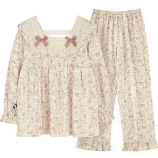 Ullala韩国乌拉拉女纯棉碎花蕾丝方领长袖睡衣睡裤家居服秋冬薄款