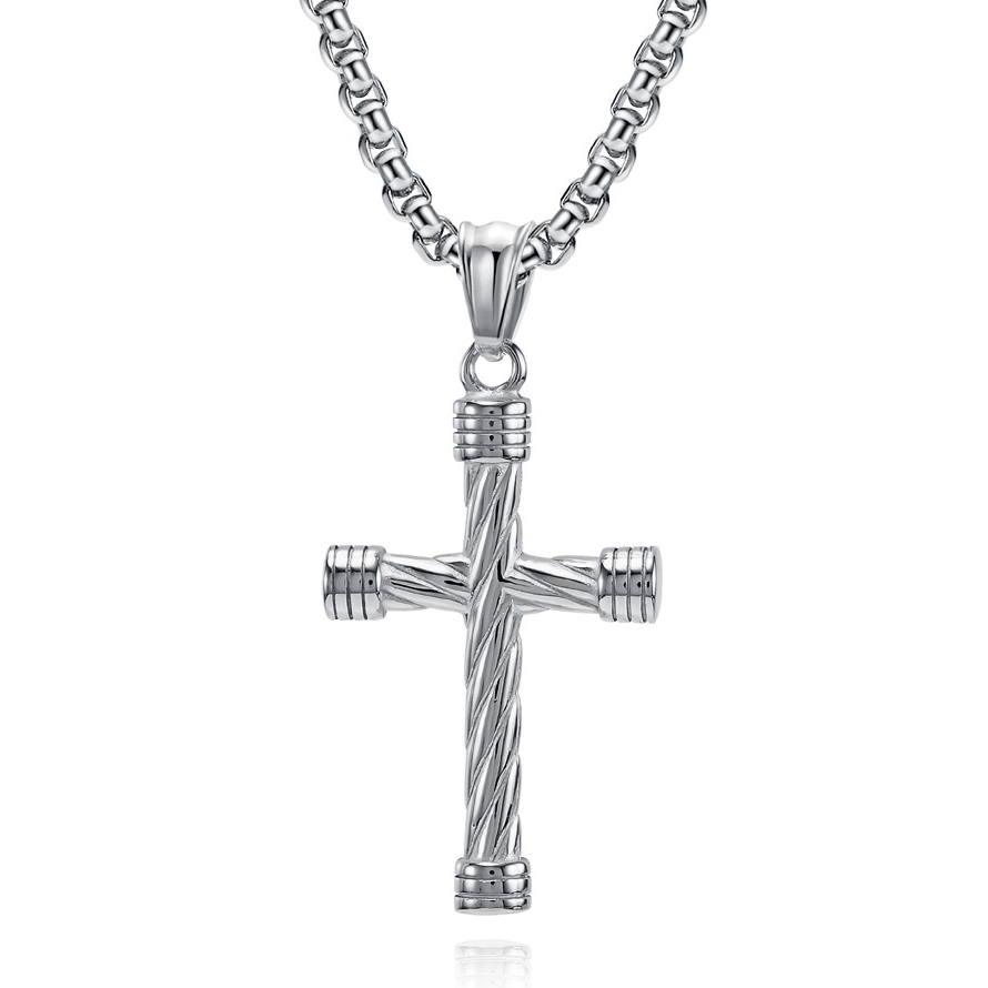 潮男女钛钢螺旋扭曲线十字架项链