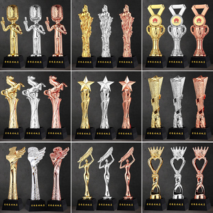 新款金银铜树脂奖杯实木杯定做彩色水晶金属礼品企业年会话筒颁奖