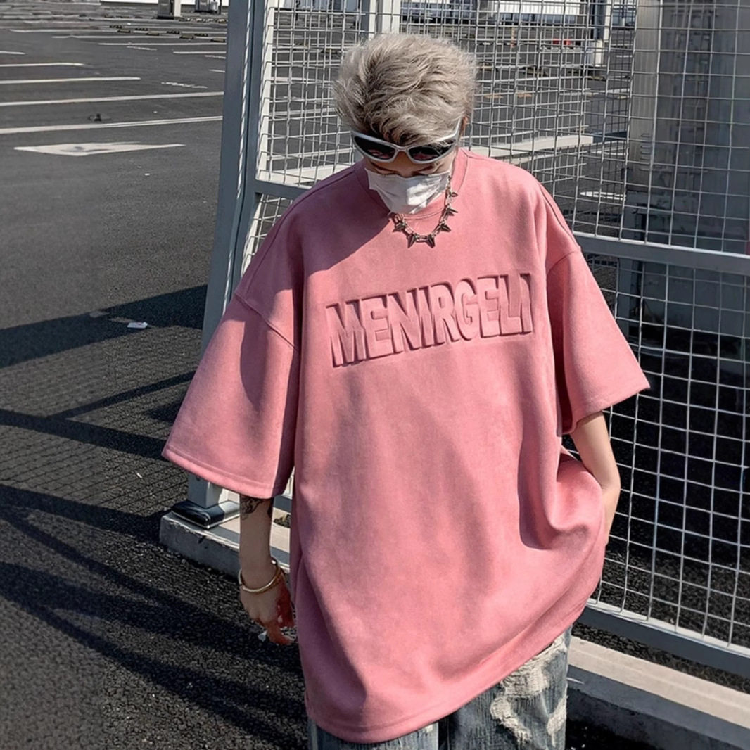 简约粉色麂皮绒短袖t恤男美式重磅钢印oversize宽松休闲半袖体恤