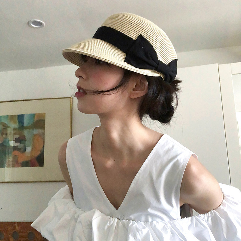 蓝墨竹L.MOZ优雅法式夏季蝴蝶结太阳帽加宽帽檐显脸小马术草帽女